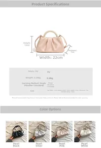 Close-up of the pearl-beaded handle and pleated cloud bag details in four metallic colors