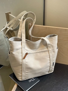 Women Large Capacity Canvas Tote Bag Minimalist Stitching Solid Color Shoulder Bag For Commuting School Daily Handbag