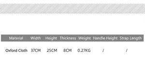 Size chart showing oxford fabric bag dimensions 37x25x8cm and weight 0.27kg