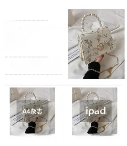 Detailed view of lace floral embroidery handbag with pearl handle and metal chain strap