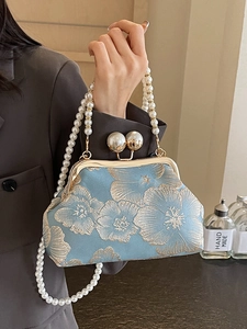 Vintage Chinese Style Floral Embroidery Satin Evening Bag With Artificial Pearl Kiss Lock And Chain For Women Wedding Party Handbag