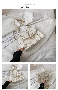 Detailed close-up of a white lace floral embroidery square bag with pearl handle