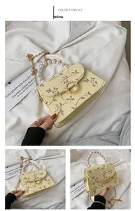 Detail of floral lace embroidery and pearl handle on a yellow chain shoulder bag