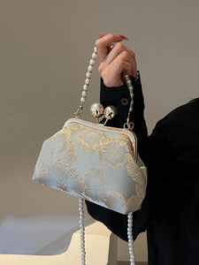 Vintage Chinese style embroidery handbag with floral patterns and pearl strap