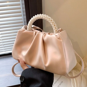 Women Pleated Artificial Pearl Handle Cloud Bag Pearlescent PU Leather Shoulder Crossbody Bag Niche Luxury Underarm Handbag 2024 Summer Fashion