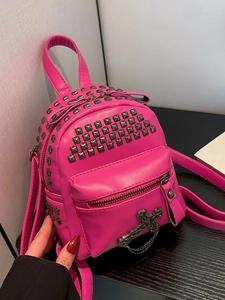 Women Punk Style Mini PU Leather Rivet Backpack With Cross Pendant Metal Chain Detail Fashion Streetwear Goth Small Bag