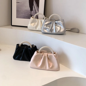Cloud-shaped pleated crossbody bag with pearl handle in cream, silver, black and pink