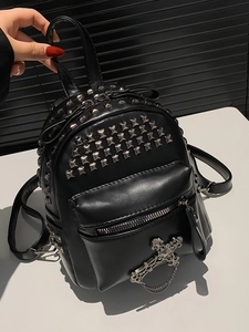 Punk style black mini PU leather backpack with silver rivets and cross pendant