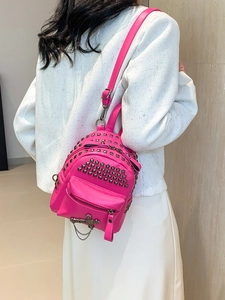 Pink PU leather mini backpack with punk studs and cross pendant decoration