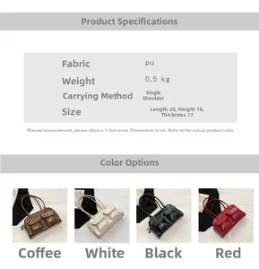 Size chart for PU leather shoulder bag showing 28cm length and color options