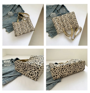 Detailed four-angle view of leopard print tote bag with adjustable strap and quilted texture