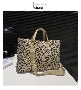 Detail of khaki leopard print quilted tote bag with adjustable wide woven shoulder strap