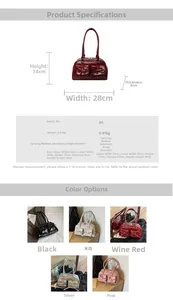 Detailed size chart and specifications for large PU bow shoulder bag in various colors