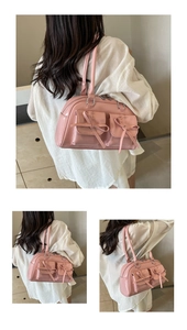 Detailed views of a pink bow shoulder bag with decorative pockets and sleek PU finish