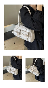 Close-up detail of cream PU leather shoulder bag with decorative bows and side pockets