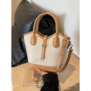 Women Fashion Contrast Color Bucket Bag Houndstooth Texture PU Leather Crossbody Bag Commuting Versatile Shoulder Bag Handbag