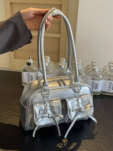 Metallic silver PU leather shoulder bag with chic bow details and large capacity for women