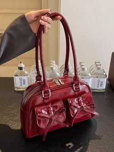 Retro burgundy large PU tote bag with bow pockets and polished silver hardware