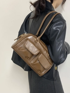 Minimalist brown PU leather shoulder bag with dual front flap pockets for women