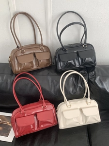 Classic PU leather Boston tote bags in four colors with front flap pockets and slim straps