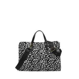 Large black and white leopard print tote bag with adjustable wide shoulder strap for women