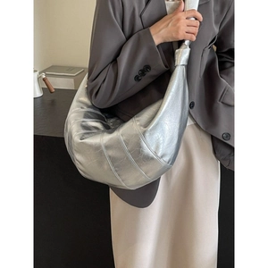 Silver metallic quilted crescent hobo bag with crackle effect texture for women