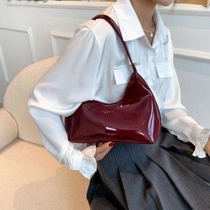 Women Glossy PU Leather Shoulder Bag Fashion Solid Color Hobo Underarm Bag Vintage Shiny Zipper Half Moon Handbag Purse