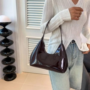 Glossy deep brown faux leather hobo shoulder bag for women with a minimalist aesthetic