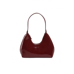 Fashionable dark red glossy patent leather hobo shoulder bag with minimalist crescent design