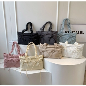 Fashion pleated tote bag with bow detail and large capacity in various colors