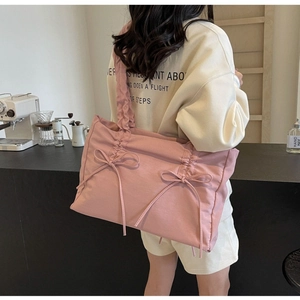 Pink large capacity ruffle tote bag with bow design for daily casual use