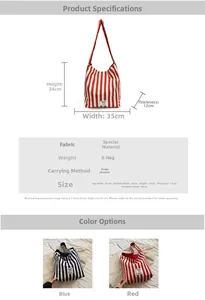 Detailed size chart and specifications for striped canvas tote bag in red and blue colors