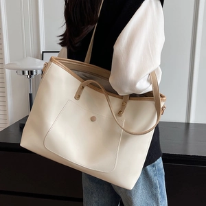 Women Large Capacity PU Leather Tote Bag With Contrast Stitching Crossbody Shoulder Handbag For Daily Commute Travel Office