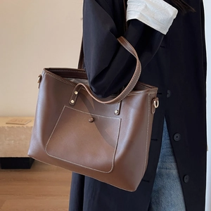 Large dark brown leather tote bag with external pocket for women's autumn winter fashion
