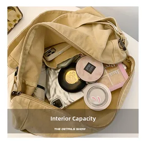 Detail view of large internal capacity for nylon messenger bag with daily items