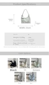 Detailed size chart for a multi-way tote bag measuring 33x21x13cm in five colors
