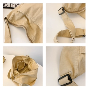Detail view of beige nylon messenger bag showing durable zipper and adjustable strap