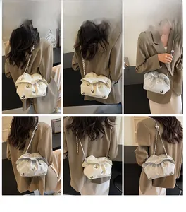 Vues détaillées d'un sac nuage blanc avec broderie papillon et bandoulière chaîne