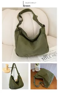 Detailed view of green nylon messenger bag with adjustable strap and zipper closure