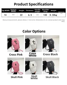Detailed size parameters and variants of gothic coffin-shaped crossbody rivet bag