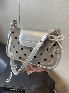 Silver baguette shoulder bag with black polka dots, pearl bow and heart charm