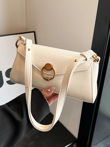 Elegant white baguette shoulder bag with crinkled leather and gold ring buckle
