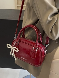 Vintage Oil Wax PU Leather Boston Bag For Women With Artificial Pearl Bow Heart Charm Shoulder Crossbody Handbag Top Handle Pillow Bag