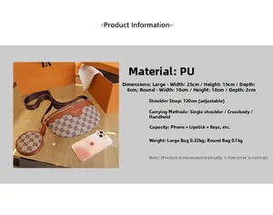 Detail view of the brown checkerboard pattern PU leather waist bag and round coin pouch