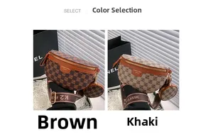 Detail of crossbody bag set with brown checkerboard pattern and logo strap detail
