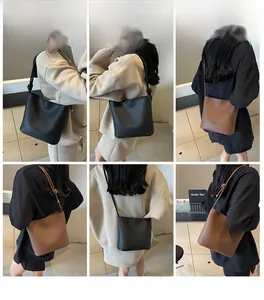 Detailed views of the stylish bucket bag showing side and back angles in black and brown