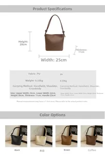 Detailed view of PU bucket bag dimensions and four available colors shown in split screen