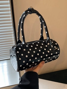 French style polka dot patent leather barrel handbag with dual handles and zipper