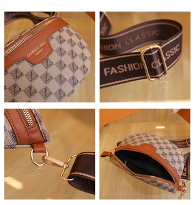 Detailed views of the retro chest bag showing the logo, wide strap, hardware, and interior