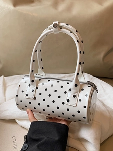 French style white patent leather Boston bag with retro black polka dots and double handles